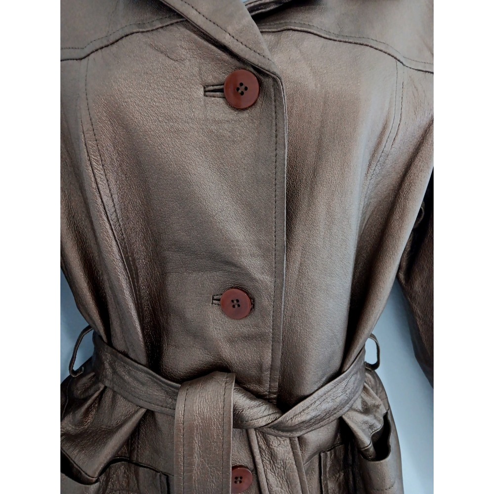 VTG Leather Trench Coat Belted Women Small Metalic Gold Belted‎ Countryside Chic - Picture 4 of 16